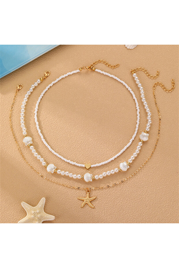 MULTI 3pcs/set Shell & Starfish Collarbone Necklace – Coastal Layered Pendant for Summer Vacation.