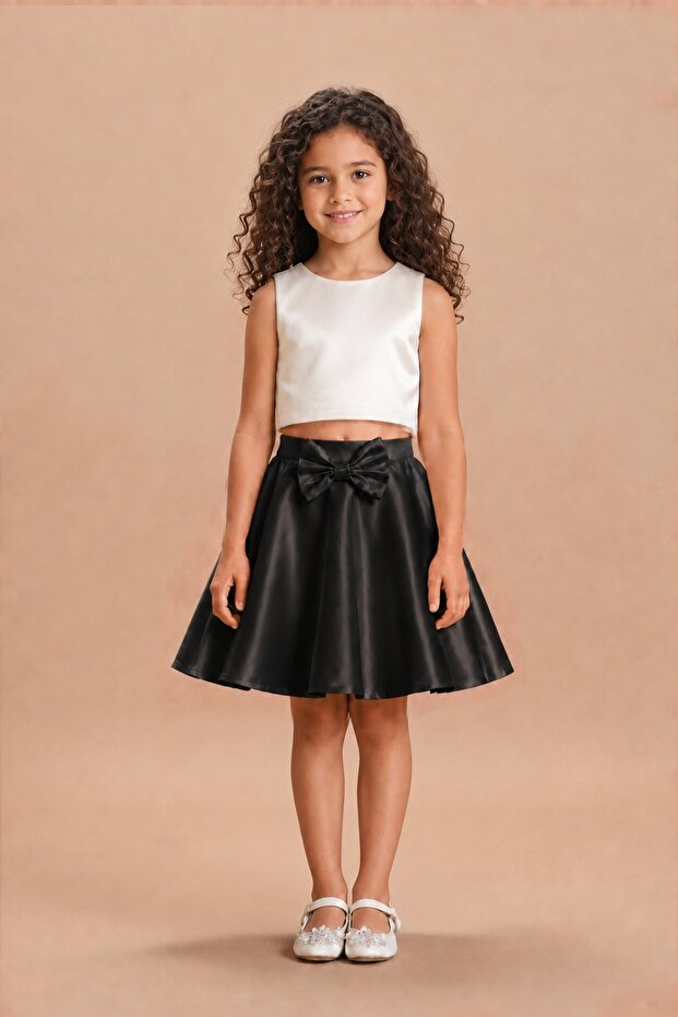 Girl's Satin Bow Detailed Mini Flared Skirt