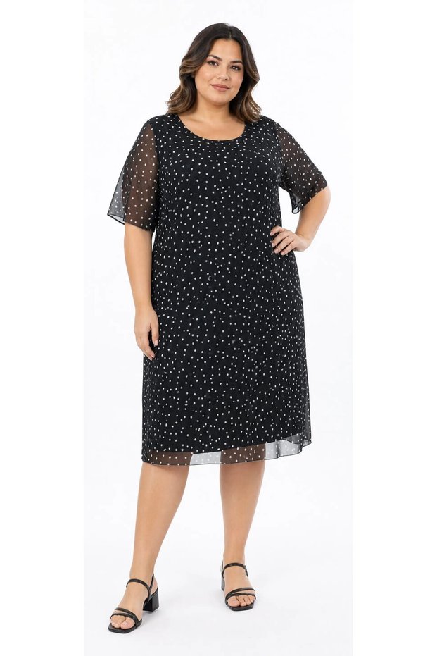 Women's Polka Dot Black Plus Size Tulle Detailed Lined Midi Dress Hzl26S-Pr151241