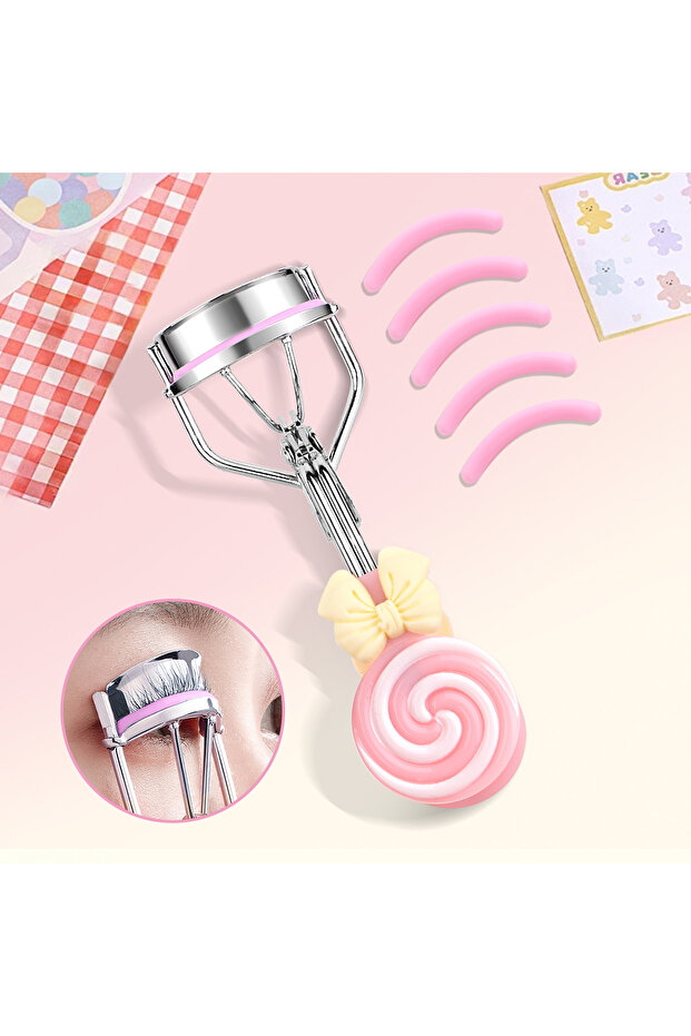 Pink 6pcs 1/6/16pcs Lollipop Handle Eyelash Curler with Replaceable Adhesive Tape, Which Is Friendly