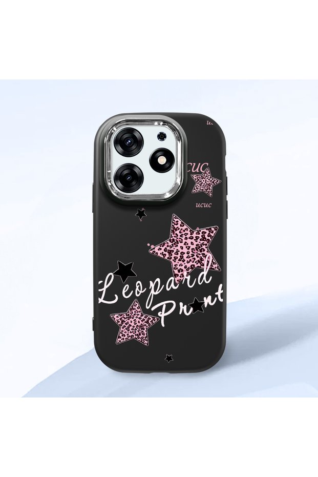 Tecno Spark 10 Pro(Ki7) Compatible Leopard Pattern Stars Pattern Shock Absorbing Black Silicone Case with Camera Protection