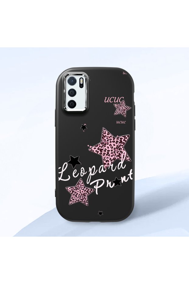 Oppo A54S Compatible Leopard Pattern Stars Pattern Shock Absorbing Black Silicone Case with Camera Protection
