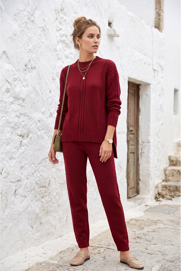 Hair Braided Slit Crew Neck Sweater-Pants Women's Knitwear Set