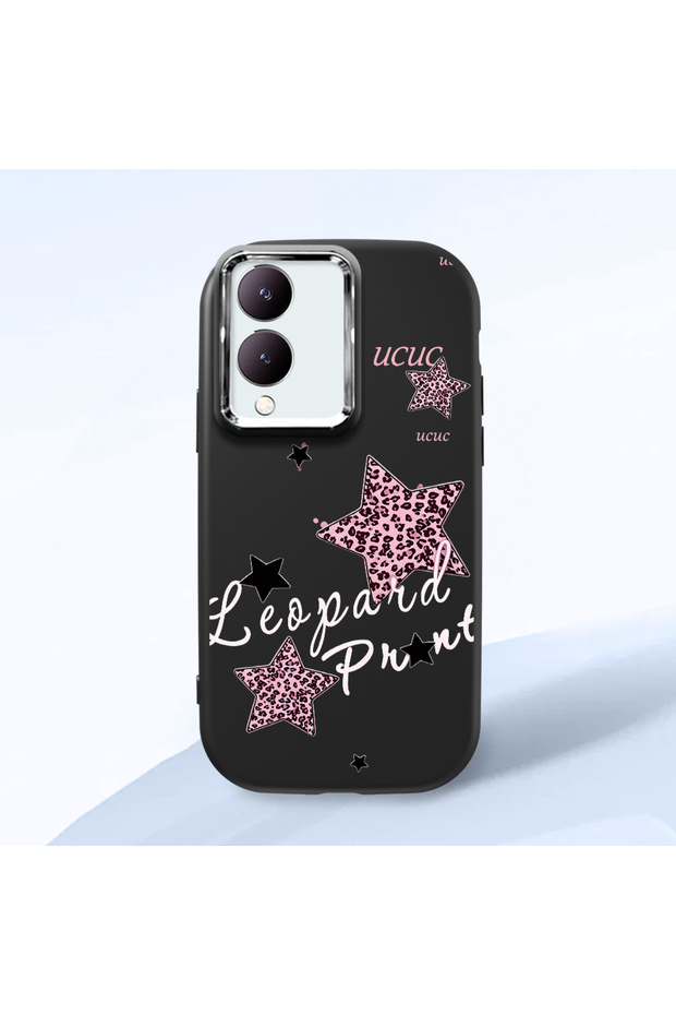 Vivo Y28 4g Compatible Leopard Pattern Stars Pattern Shock Absorbing Black Silicone Case with Camera Protection