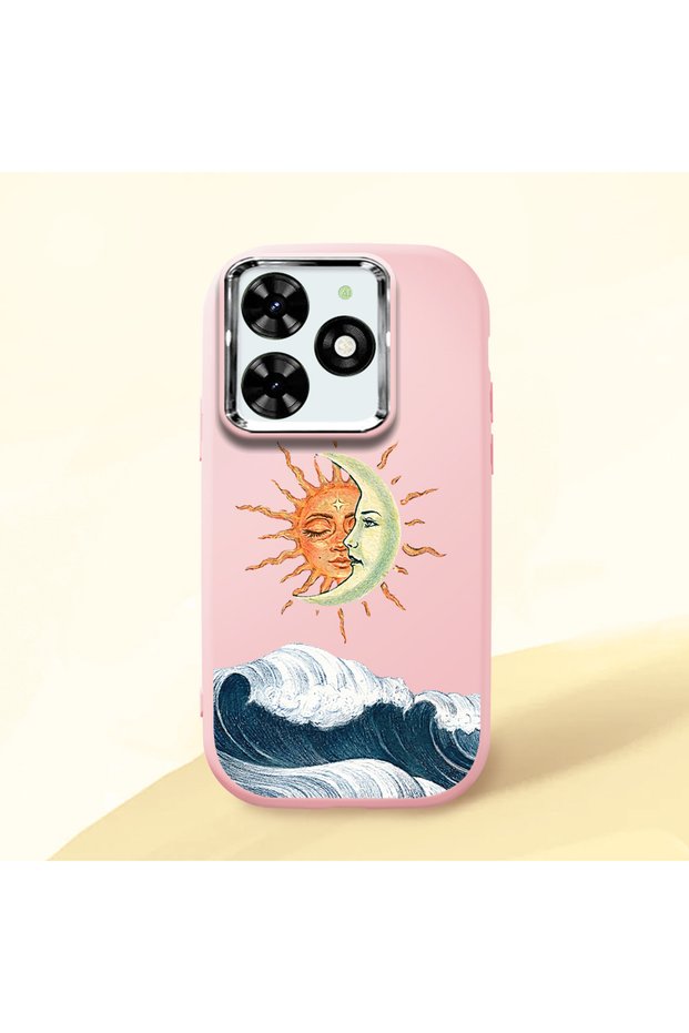 Infinix Smart 8/8 Pro Compatible Retro Style Sun Moon Sea Wave Pattern Shock Absorbing Camera Protected Pink Silicone Case