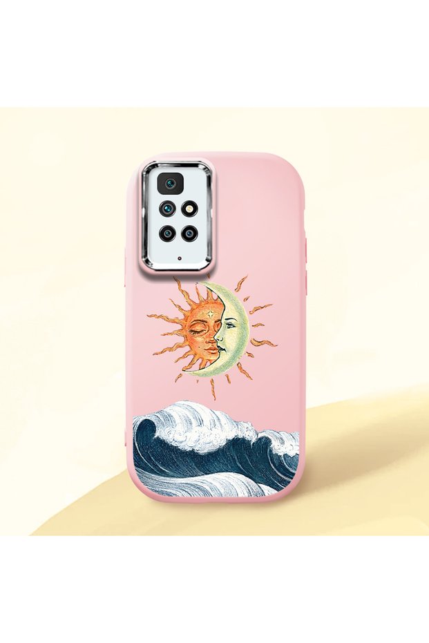 Redmi 10 4g Compatible Retro Style Sun Moon Sea Wave Pattern Shock Absorbing Camera Protected Pink Silicone Case