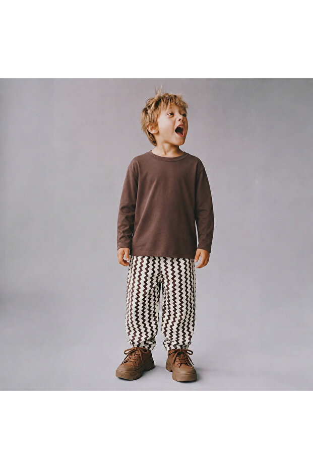 Unisex Children's Zigzag Patterned Elastic Waist Wide Leg Pants