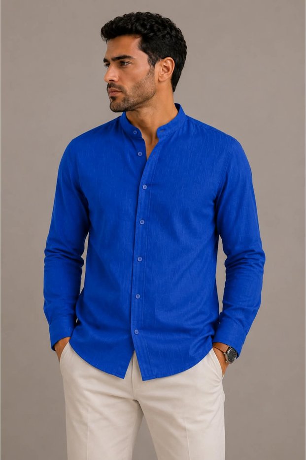 Regular Slim 100% Cotton Linen Textured Shirt with Stylish Collar for Men