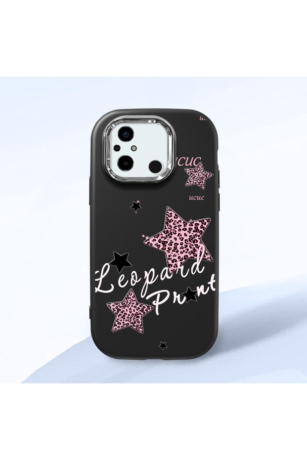 Poco C55 Compatible Leopard Pattern Stars Pattern Shock-Absorbing Camera Protected Black Silicone Case