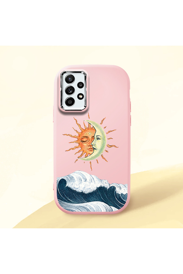 Samsung Galaxy A52/A52S Compatible Retro Style Sun Moon Sea Wave Pattern Shock Absorbing Camera Protected Pink Silicone Case