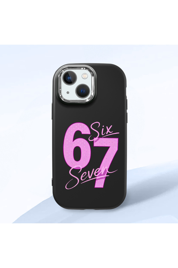 iPhone 13 Mini Compatible Black Silicone Case with Number Six Seven Written Pattern, Shock Absorbing Camera Protection