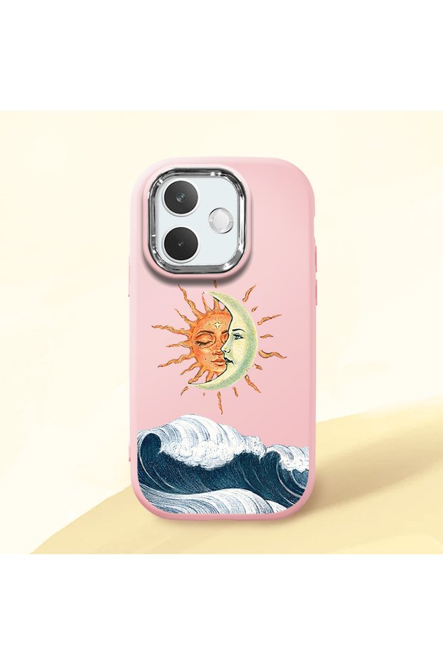 Oppo A5 Pro 4G/5G Compatible Retro Style Sun Moon Sea Wave Pattern Shock Absorbing Camera Protected Pink Silicone Case