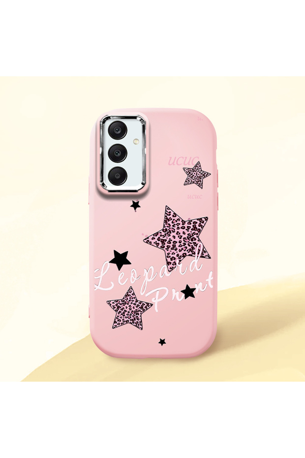 Samsung Galaxy A25 Compatible Leopard Pattern Stars Pattern Shock Absorbing Pink Silicone Case with Camera Protection