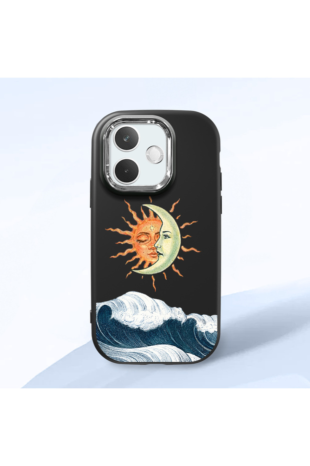 Oppo A5 Pro 4G/5G Compatible Retro Style Sun Moon Sea Wave Pattern Shock Absorbing Black Silicone Case with Camera Protection