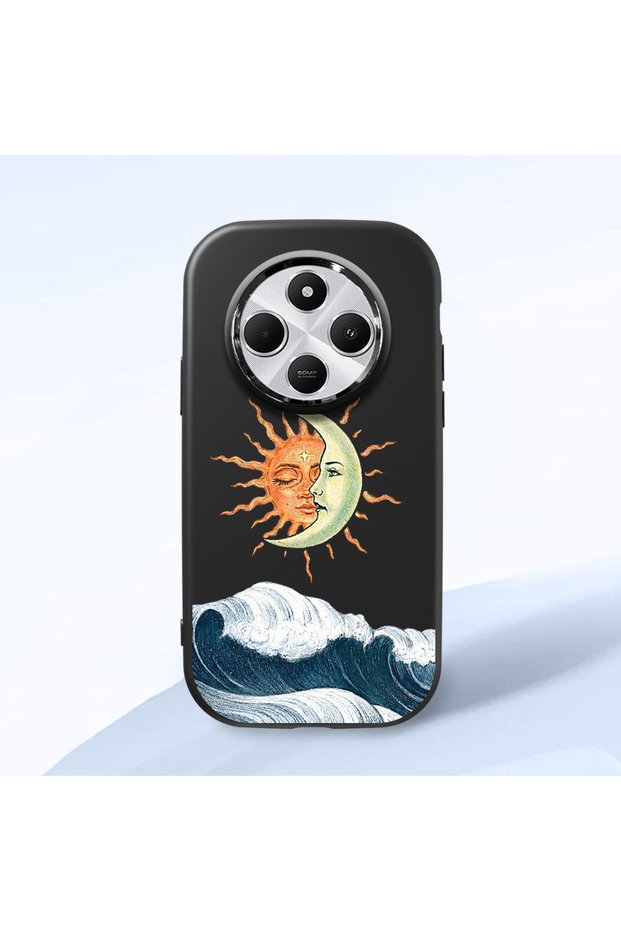 Redmi A4 Compatible Retro Style Sun Moon Sea Wave Pattern Shock-Absorbing Black Silicone Case with Camera Protection