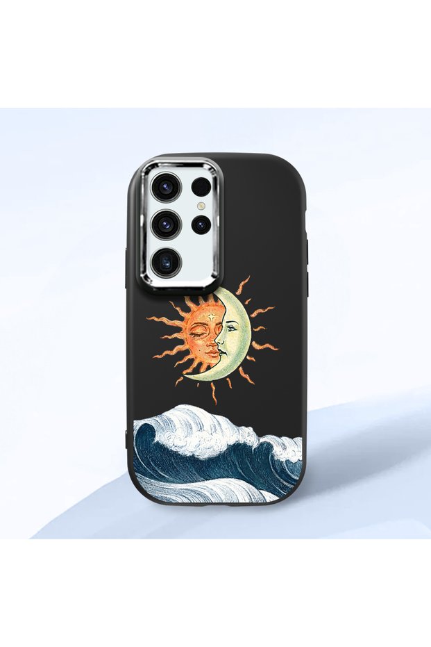 Samsung Galaxy S24 Ultra Compatible Retro Style Sun Moon Sea Wave Pattern Shock Absorbing Black Silicone Case with Camera Protection