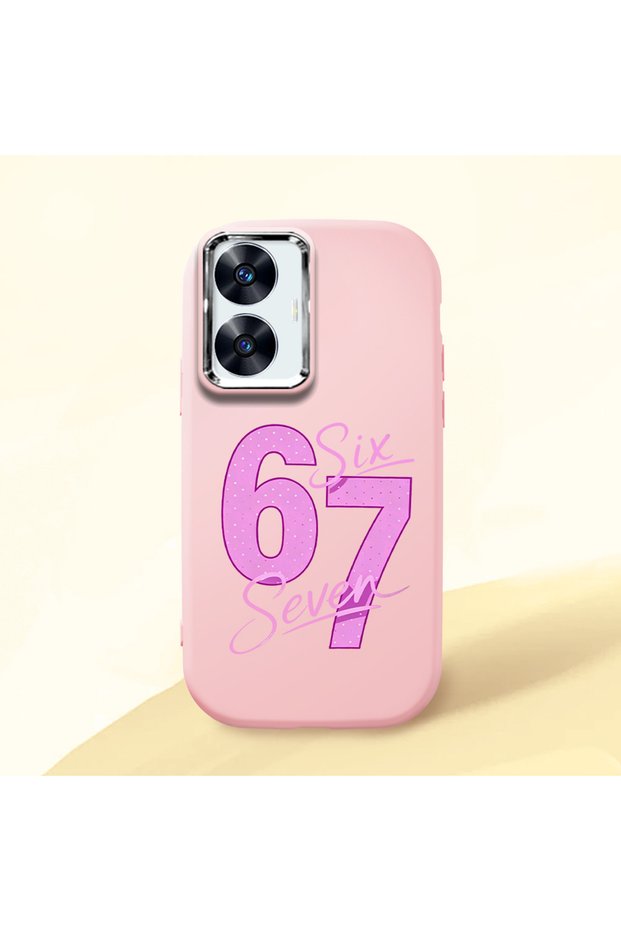 Realme C55 Compatible Number Six Seven Written Pattern Shock Absorbing Camera Protected Pink Silicone Case