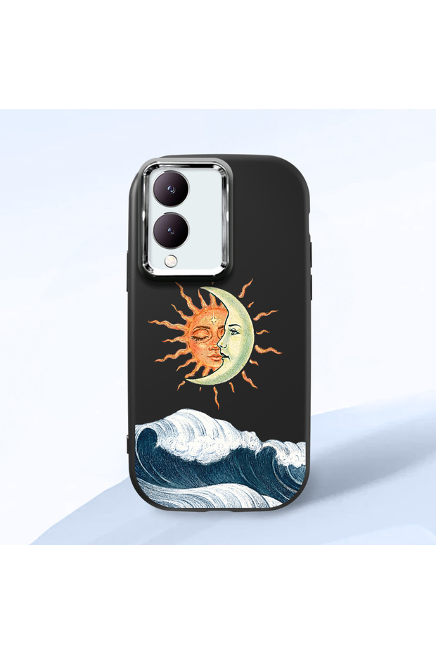 Vivo Y28 4g Compatible Retro Style Sun Moon Sea Wave Pattern Shock Absorbing Black Silicone Case with Camera Protection