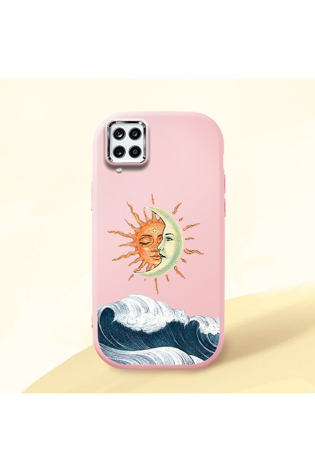 Pink Silicone Case Compatible with Samsung Galaxy A12/M12 Retro Style Sun Moon Sea Wave Pattern Shock Absorbing Camera Protected