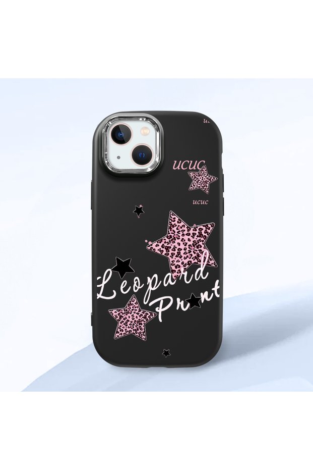 iPhone 13/14 Compatible Leopard Pattern Stars Pattern Shock Absorbing Black Silicone Case with Camera Protection