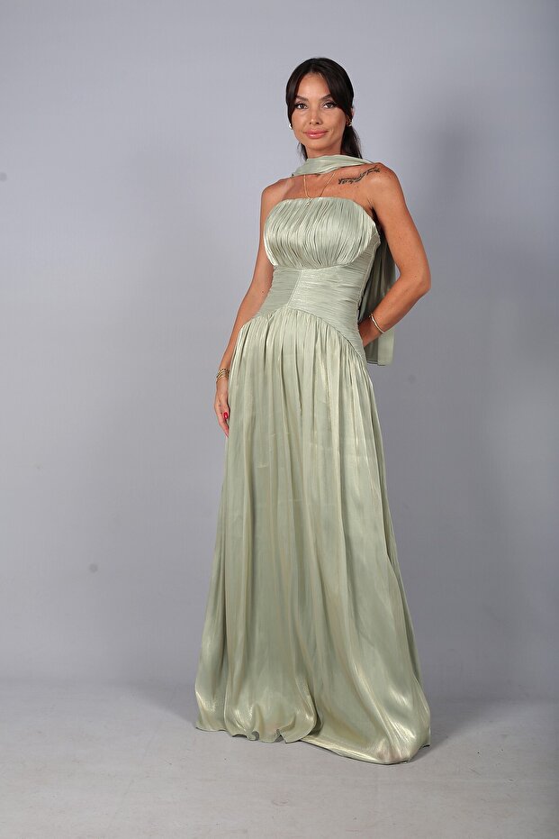 Women's Pleated Strapless Collar Lined Janjan Chiffon Long Dress