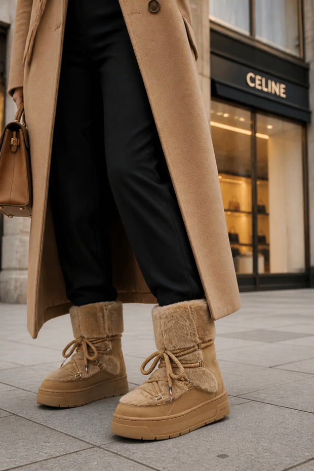 Wr-6053 Women's Camel Color Lace-Up Fur Detailed Thick Soled Winter Boots