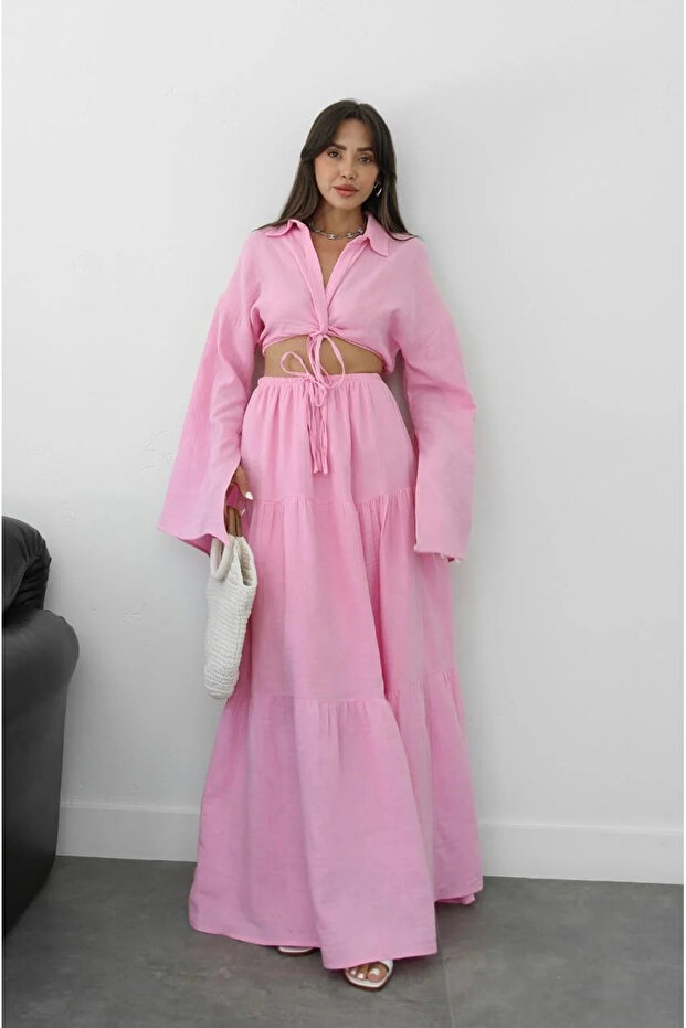 Pink Knot Detailed Front Blouse Skirt Set - Dt251007