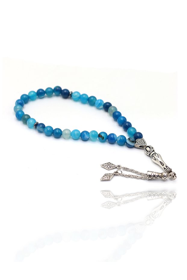 Blue Quartz Sphere Cut Alpaca Tassel Agate Natural Stone Prayer Beads 201025850