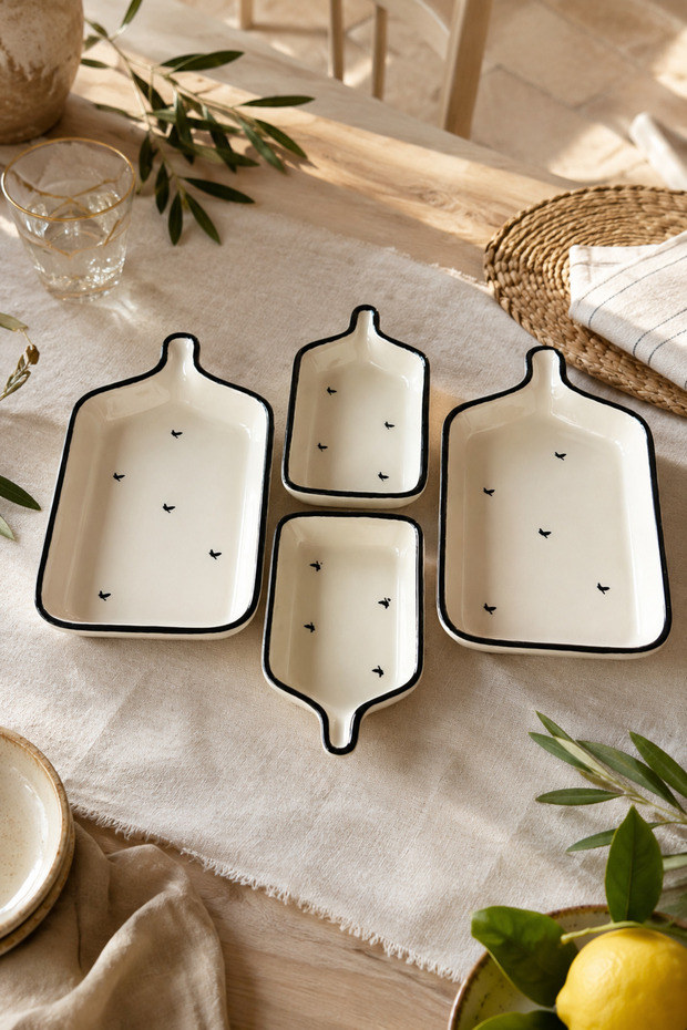 Tree of Life Series 4 Piece Ceramic Rectangular Breakfast Appetizer Olive Bowl Snack Bowl Set