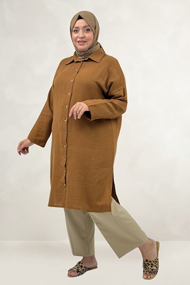 68074 Plus Size Buttoned Low Sleeve Tunic - Coffee
