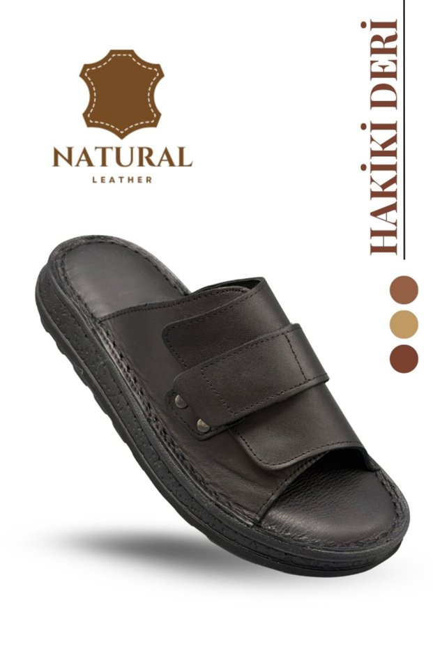 Genuine Leather Men's Slippers - Genuine Leather Men's Slippers with Soft Thick Soles Yc Black