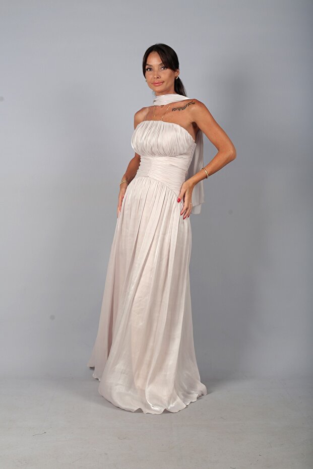Women's Pleated Strapless Collar Lined Janjan Chiffon Long Dress