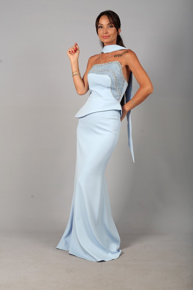 Women's Asymmetrical Strapless Collar Lined Crepe Long Dress with Stone Detail on the Front and Peplum Detail