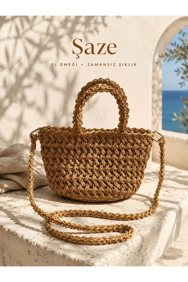 Şaze Women's Tan Hand Knitted Bag with Long Strap and Short Handle Shoulder and Crossbody Bag