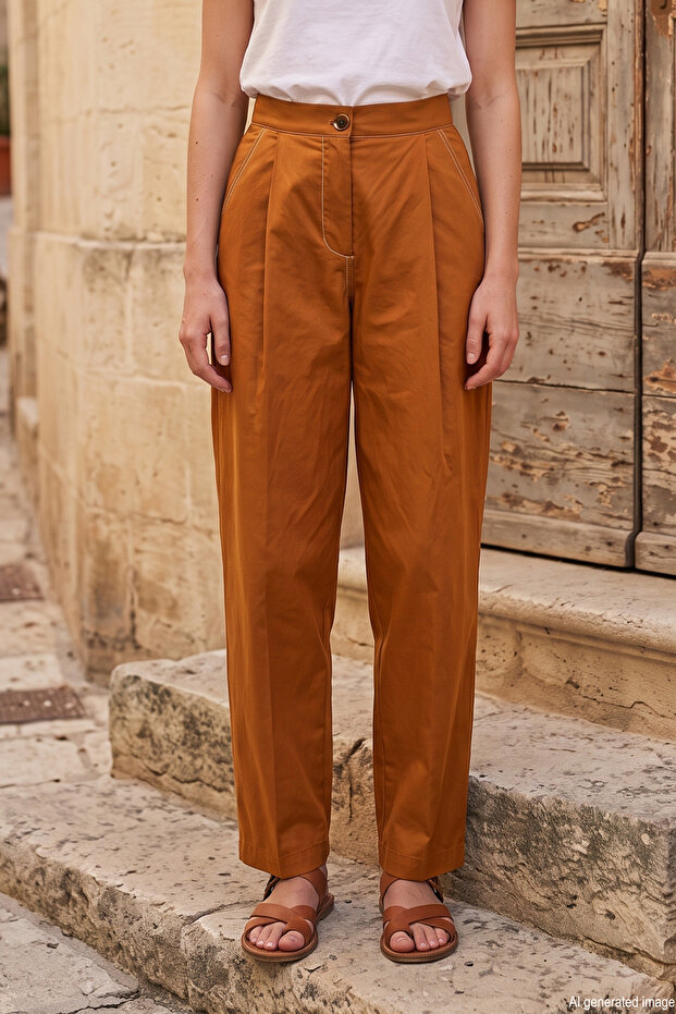 Elastic Waist, Pleated Detail on Front, Paper Touch Trousers 324 Light Brown
