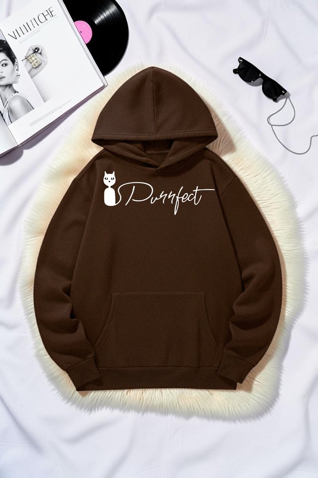 Unisex Cat Purrfect Printed Oversize Hoodie Hooded Sweatshirt