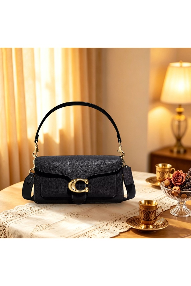 Tabby 26 Polished Pebble Leather Top Handle Shoulder Bag Messenger Bag Black (Gold Hardware)