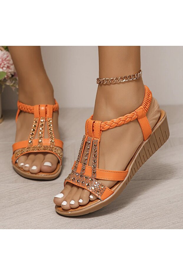 Women's Orange Gemstone Wedge Sandals