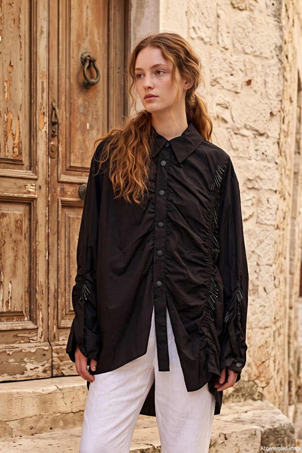Paper Touch Blouse with Gathered Front and Bead Detail 141 Black