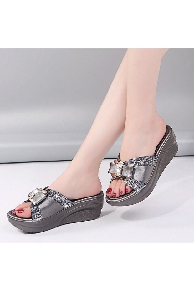 Women's Gray Sparkle Block Heel Sandals