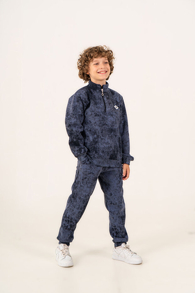 Boy's Tie-Dye Patterned Half-Zipper 3 Thread Sweatshirt Tracksuit Set