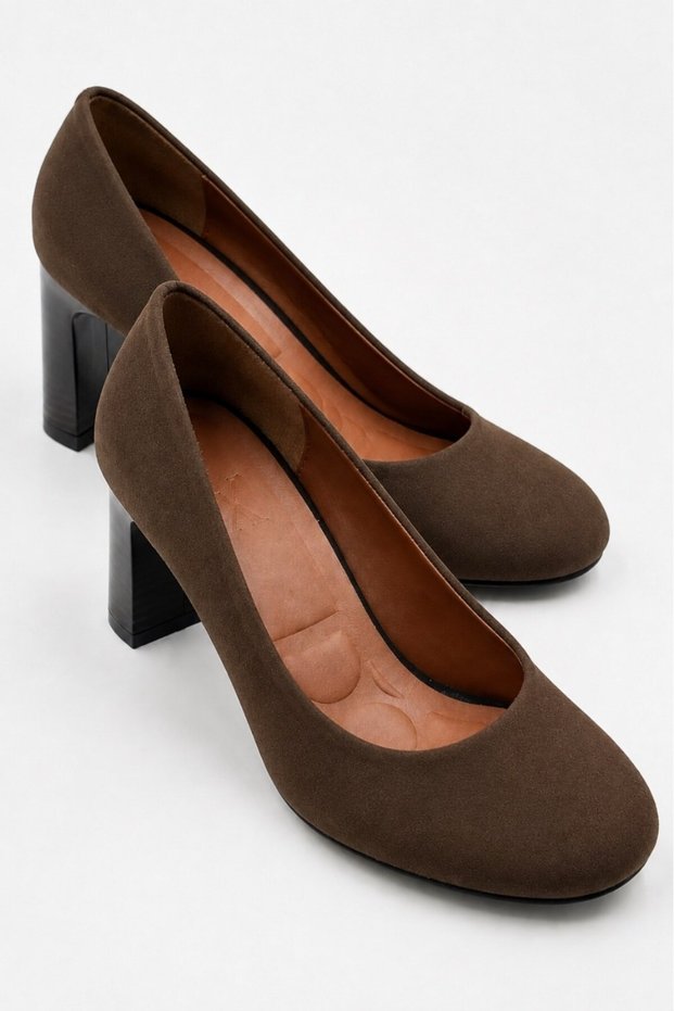 Boom Women's Brown Satin Thick Block Heeled Orthopedic Pad Supported Round Toe Heeled Shoes