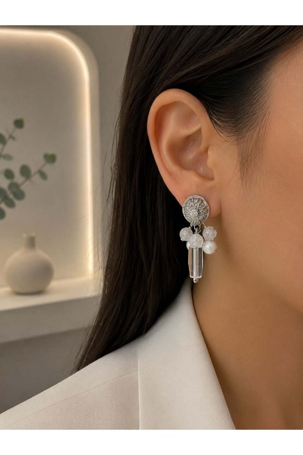 Transparent Bead Detailed Silver Color Dangle Earrings