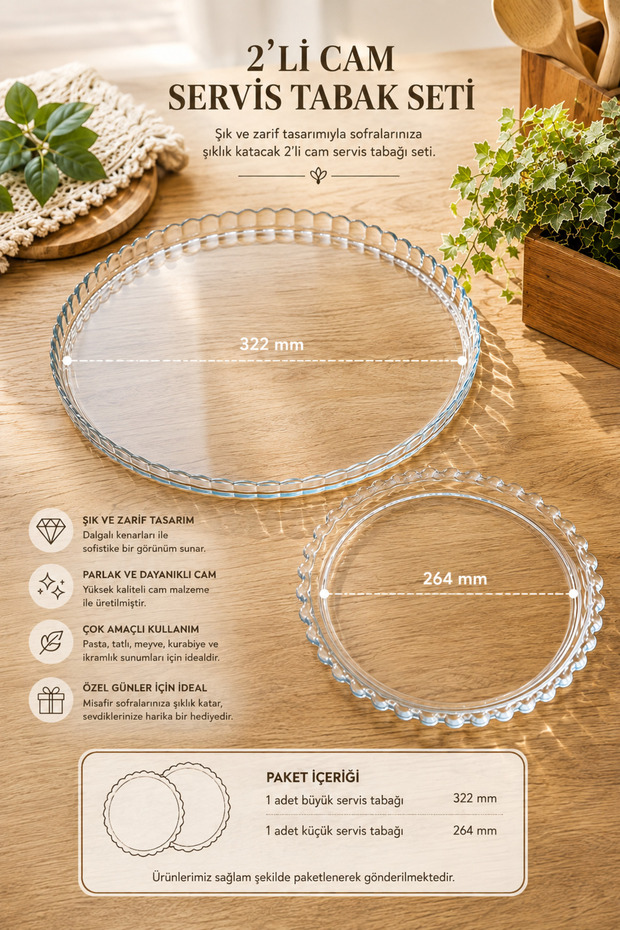 Set of 2 Glass Serving Plates 32 cm 26 cm Round Presentation Plate Cake Dessert Fruit Serving Plate