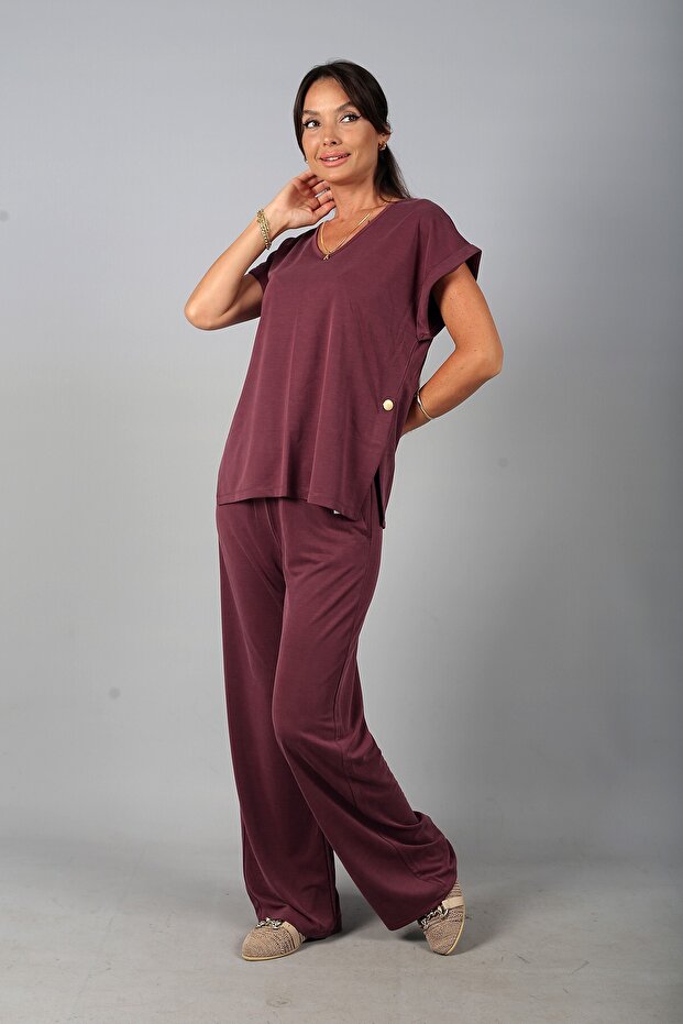 Women's V-Neck Side Gold Buttoned Slit Blouse Elastic Waist Pocketed Wide Leg Pants Lyocell 2-Piece Set