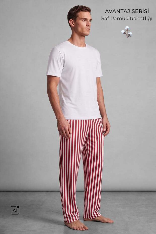 Egyptian Men's Cotton Striped Pajama Set White-Red