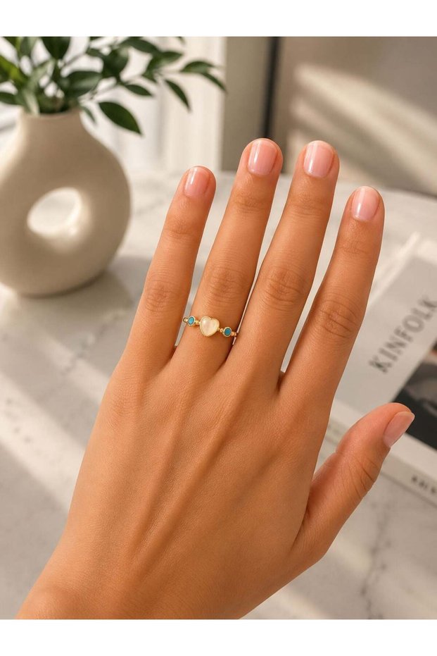 Gold Steel Ring with Heart and Turquoise Detail
