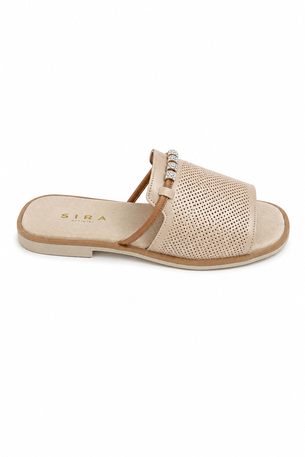 Mela Beige Stone Detailed Genuine Leather Slippers