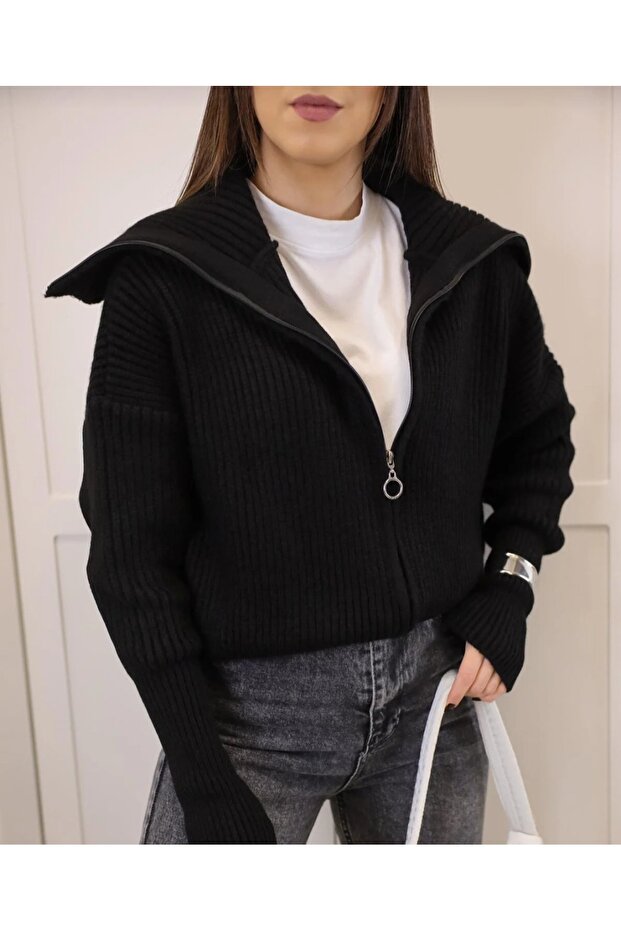 Women's Black Zip-Up Turn-Down Collar Knitwear Cardigan Oversized Crop Knit Jacket