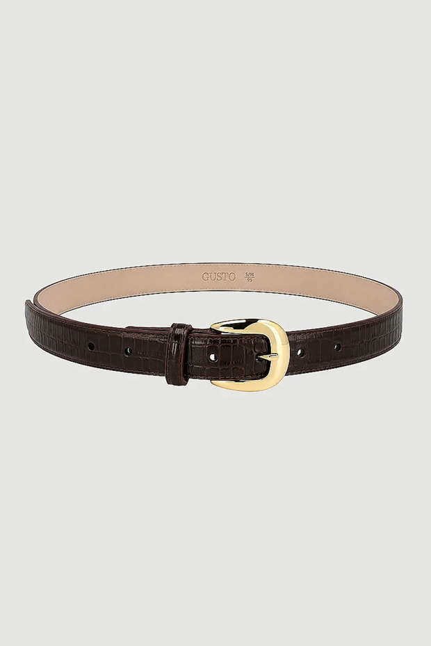 Crocodile Patterned Faux Leather Belt - Brown